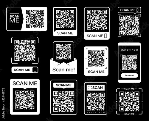Scan me. QR code sticker icons. Phone barcode scanner, smartphone digital payment vector tags, mobile application quick ID or identity pass, web link QR code stickers