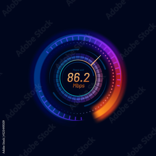 Futuristic Internet speed meter dial with neon gauge and arrow. Web connection, network or information download speed vector indicator. Internet bandwidth, WI-FI signal strength test app display photo