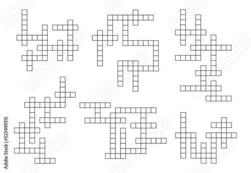Crossword riddle, word game grids set. Intellectual puzzle, text riddle or playing activity. Vocabular game or crossword quiz vector grid templates set