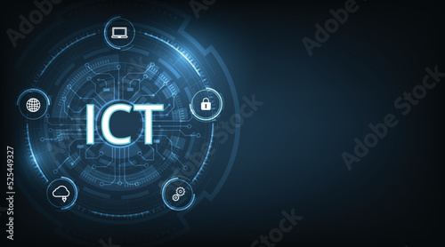 Information and communication technology concept(ICT).Information and communication technology on dark blue background.Wireless communication network. Intelligent system automation. 