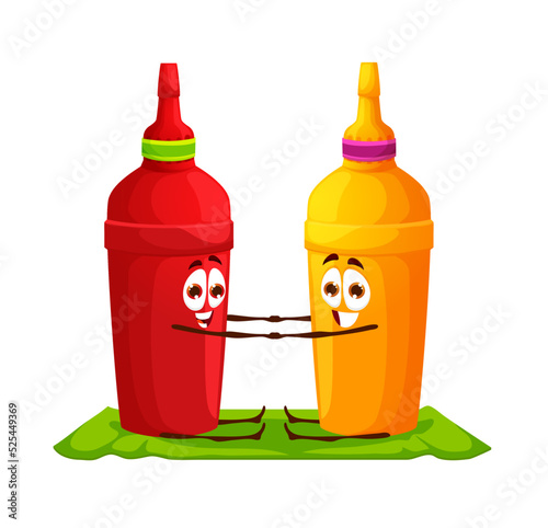 Cartoon ketchup and mustard bottle characters on yoga fitness. Fast food cafe sauces funny vector personages, ketchup and mustard squeeze containers cheerful characters doing stretching exercise