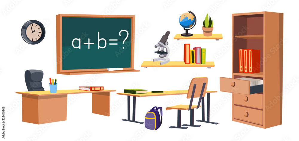 Different furniture for classroom vector illustrations set. Collection of cartoon drawings of isometric classroom interior elements isolated on white background. Education, school, furniture concept Different furniture for classroom vector illustrations set. Collection of cartoon drawings of isometric classroom interior elements isolated on white background. Education, school, furniture concept