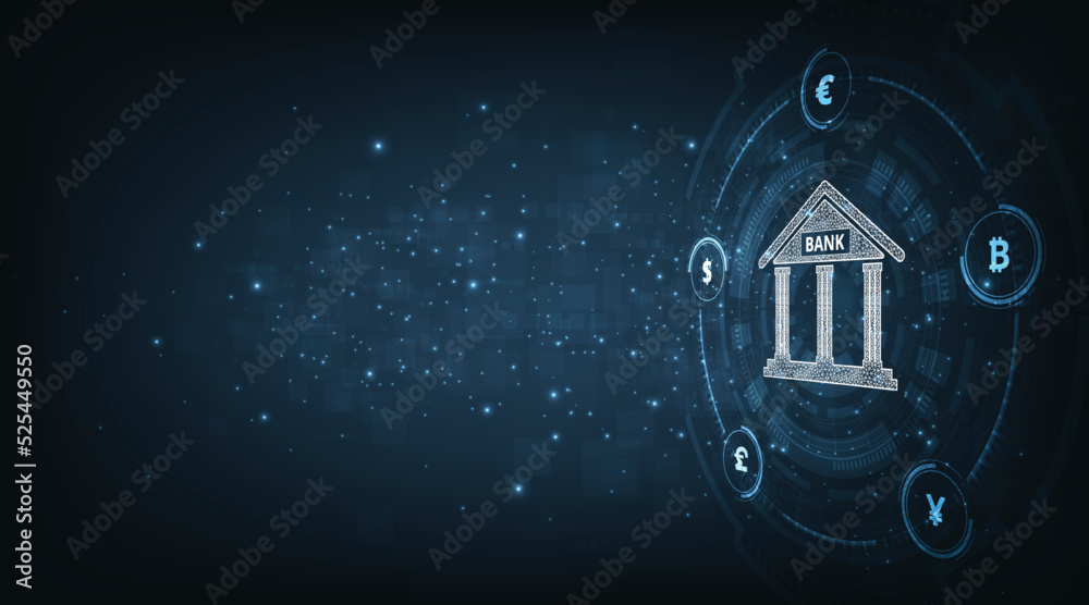 Interbank  Currency exchange.Money transfer, FinTech financial technology, bank and currency icon isolated on dark blue background. Vector illustration. - obrazy, fototapety, plakaty 