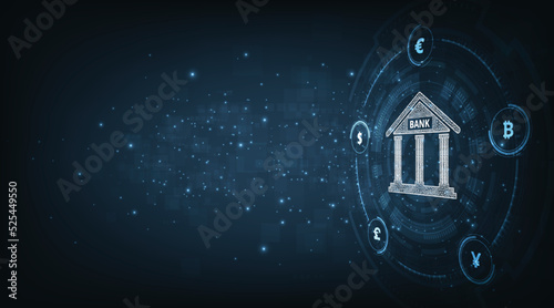 Interbank  Currency exchange.Money transfer, FinTech financial technology, bank and currency icon isolated on dark blue background. Vector illustration.