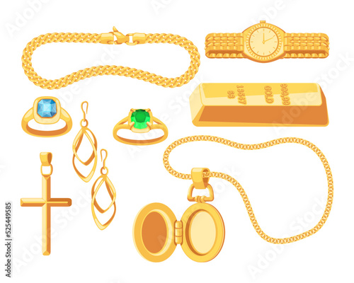 Jewelry and accessories made of gold vector illustrations set. Cartoon drawings of golden bar, watch, elegant necklace with locket, chain, rings, earrings. Jewelry, accessories, luxury concept
