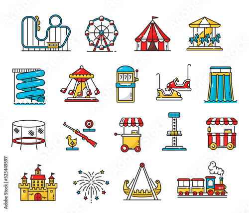 Amusement park, playground and funfair color outline icons with carousel, rollercoaster and roundabout. Amusement park, fair attractions line vector icons with kart, water slide and slot machine