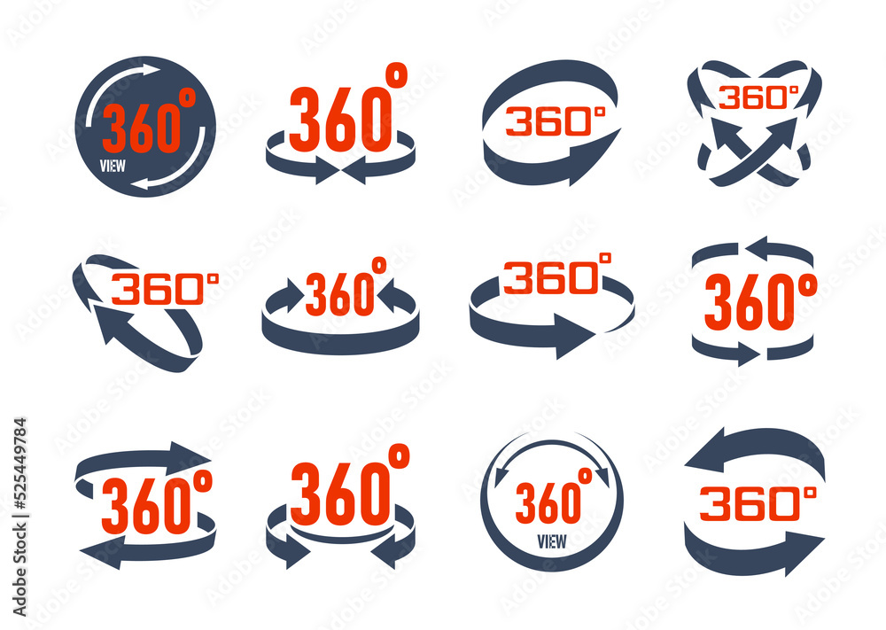 360 degrees virtual camera rotate icons. 3d perspective panorama symbols. 3D tour, sphere panoramic view vector symbols. Full three sixty web virtual tour pictograms, VR video or game icons