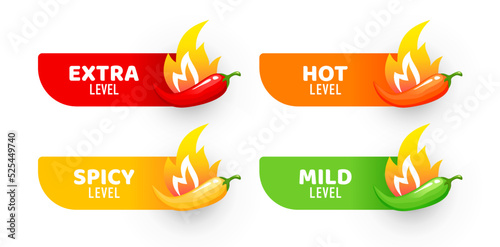 Spicy level sticky labels. Tabasco sauce taste vector scale symbol, hot food or ketchup sauce spicy vector indicators or stickers. Chili pepper spicy rating or capsaicin level symbols with fire flame