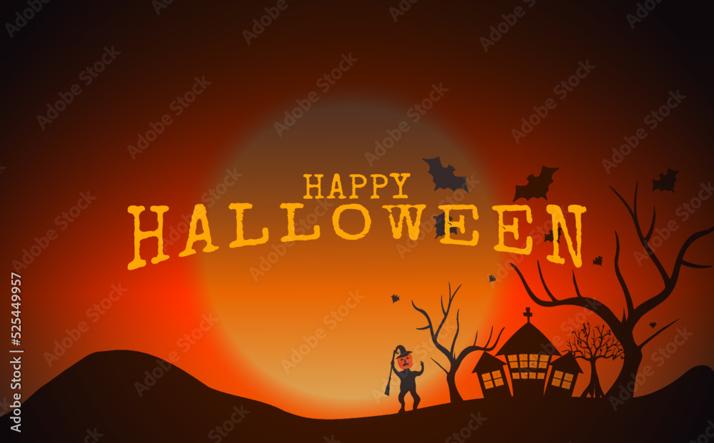 Happy halloween, with zombies, old house and leafless tree, spooky full moon in the night sky realistic illustration