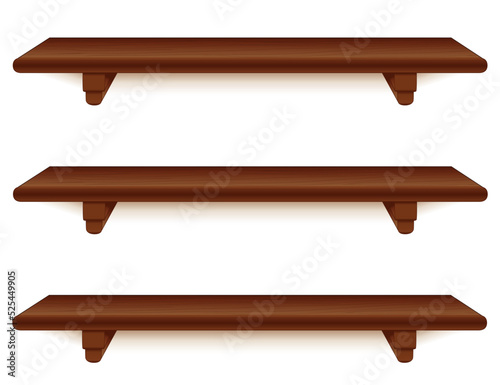 Shelves with Brackets, Mahogany Wood Grain. Three wide empty dark wood grain wall shelves isolated on white. Add your favorite books and treasures. 