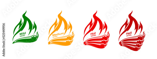 Spicy level labels. Tabasco sauce spicy meter, hot food or meal spicy taste rating from mild, medium to hot and extra vector icons or symbols. Jalapeno or cayenne hot peppers in fire flames