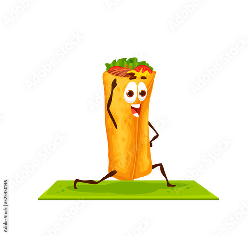 Cartoon mexican burrito character on yoga fitness. Fast food restaurant or cafe meal vector character doing fitness squats. Isolated mexican burrito funny personage standing in yoga pose