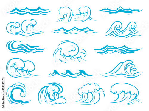 Sea and ocean wave icons, tsunami, surf waves. Isolated vector set of blue turquoise splashes, ripples, curling and breaking. Marine and nautical storm symbols, foamy swirls, tide wave elements