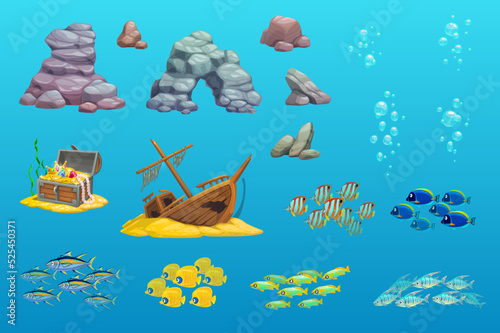 Underwater game asset. Cartoon ship, arch, stone, fish, bubbles, treasure chest graphics design elements. Ui or gui object rocks, treasure chest, fishes in ocean or sea water