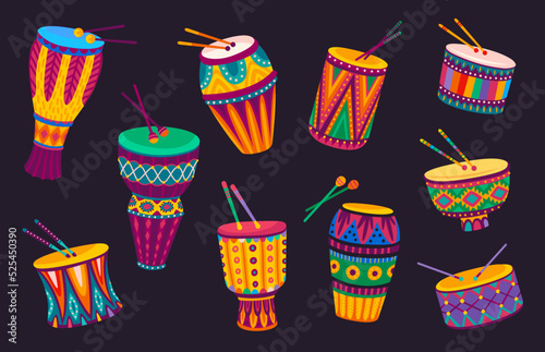 Obraz na plátne Brazilian and african drums, cartoon music instruments with traditional ornament