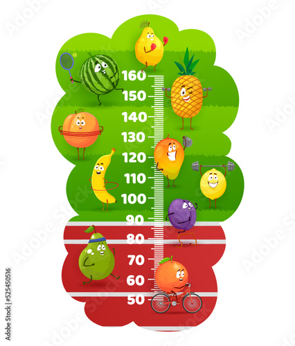 Happy fruits on a stadium field kids height chart. Vector growth meter with quince, watermelon, pineapple and banana, peach, mango, lemon, plum, orange and pear outdoor sports exercising, wall scale