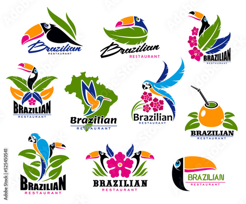 Brazilian cuisine icons of toucans, parrots, mate tea and feathers, vector restaurant symbols. Brazil food bar and cafe signs with tropical exotic birds and palm leaves for Brazilian restaurant menu