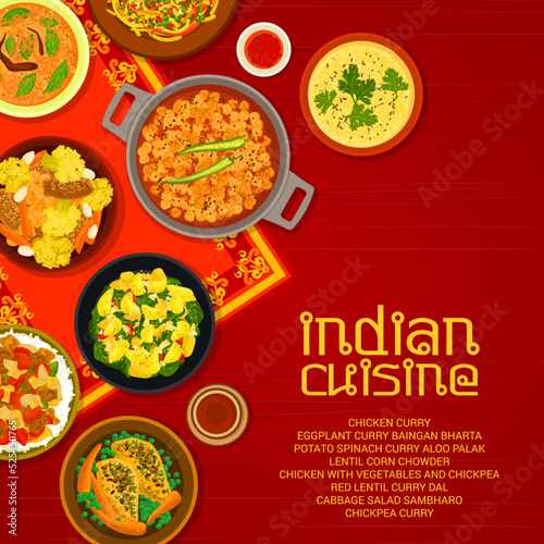 Indian cuisine menu cover. Chickpea, Baingan Bharta and Aloo Palak curry, cabbage salad Sambharo, chicken with vegetables and chickpea, red lentil curry Dal, lentil corn chowder and chicken curry