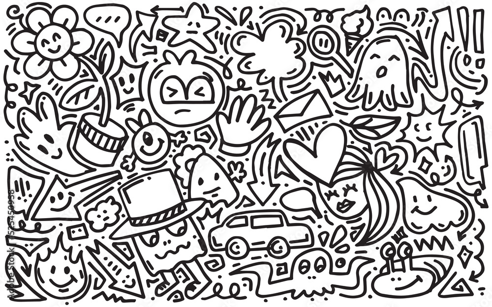 Hand drawn set elements, Abstract arrows, ribbons, hearts, stars, crowns, monsters and other elements in hand drawn style for concept design. Scribble illustration. Vector illustration.