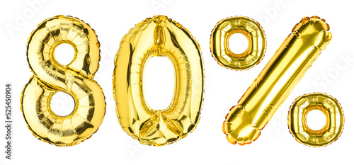 80 Eighty Percent % balloons. Sale, Clearance, discount. Yellow Gold foil helium balloon. Word good for store, shop, shopping mall. English Alphabet Letters. Isolated white background.