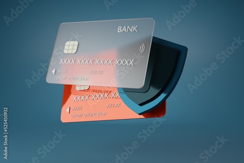 Credit bank card and shield.Secure credit card transaction in Internet.Cyber security,Payment protection concept,Payment credit card,lock card, Business finance.3D rendering illustration.