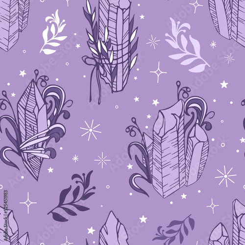 Amethyst crystals seamless pattern. Purple stones with plant twigs. The magic of herbs and minerals. ritual amulet. Vintage illustration in boho style. Halloween, witchcraft. For wallpaper, wrapping