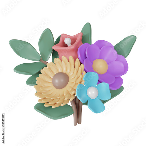 3D Rendering bouquet of flower isolated on white background. 3d render cartoon style.