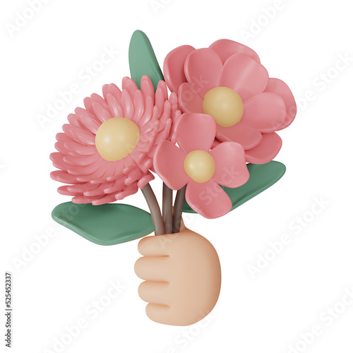 3D Rendering hand holding pink flower isolated on white background. 3d render cartoon style.