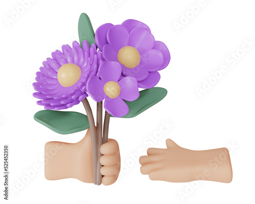 3D Rendering hand giving purple to another hand flower isolated on white background. 3d render cartoon style.