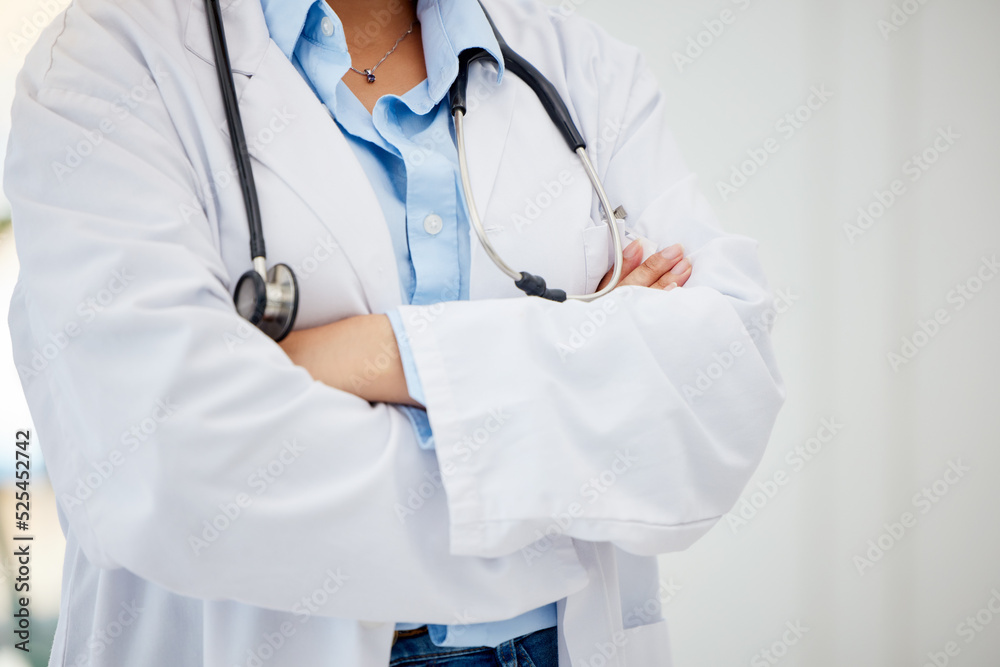 Medical healthcare doctor, woman worker or employee arms crossed standing confident with stethoscope in hospital. Leadership, work and wellness female staff manager nurse working in medicine office. Medical healthcare doctor, woman worker or employee arms crossed standing confident with stethoscope in hospital. Leadership, work and wellness female staff manager nurse working in medicine office.