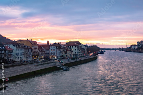 Pink and purple Heidelberg Germany city view and sunset along the Rhine River 