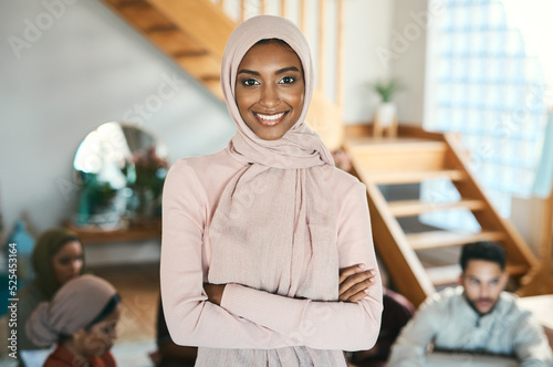 Muslim, arab and islamic woman in hijab headscarf enjoying eid, ramadan or holiday with family while celebrating religion, holy culture and islam faith. Portrait of a happy, smiling and modest female