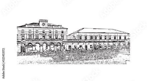 Building view with landmark Novara is the 
city in Italy. Hand drawn sketch illustration in vector.