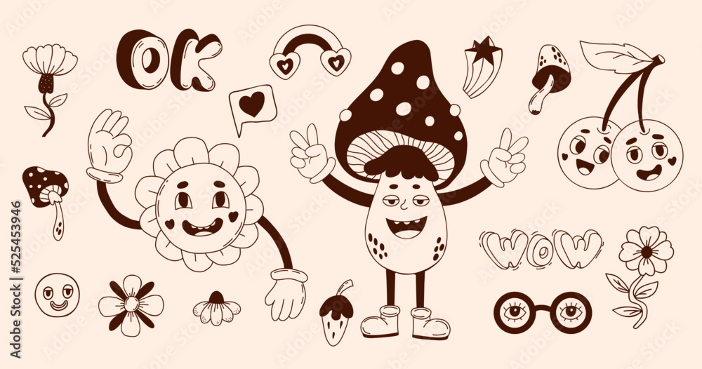 Retro set groovy elements. Vector clipart vintage funky hippy style. Funny characters flower power, mushroom, cherry, emoji faces, hippie glasses with eyes and rainbow. isolated Linear hand doodle.