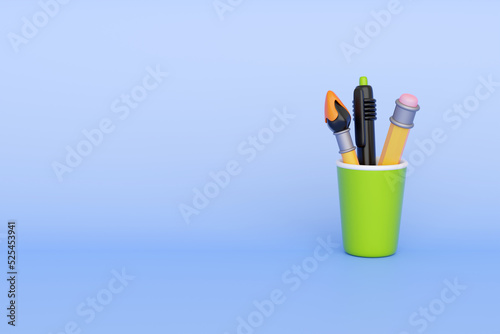 School writing accessories in cup in cartoon style. Concept of back to school, learning and education banners. 3d high quality render