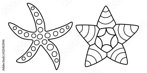 Two hand-drawn sea stars black and white horizontal vector illustration. Cartoon starfishes black outline isolated on white. Sea themed coloring page for kids and adults printable page vector