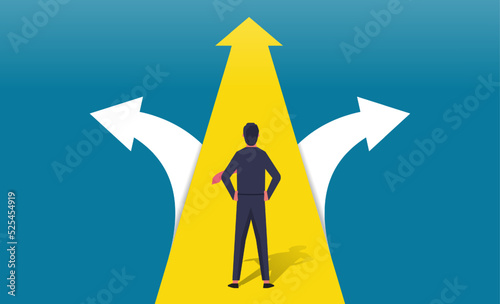 Businessman having to choose between three different choices indicated by arrows pointing in opposite direction concept, Choosing the correct pathway photo