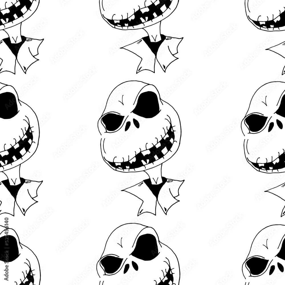 Scary black style monster with open mouth, teeth, collar and big eyes pattern on white background. Halloween flyer concept. Seamless halloween background with cranium. Scary black style monster with open mouth, teeth, collar and big eyes pattern on white background. Halloween flyer concept. Seamless halloween background with cranium.