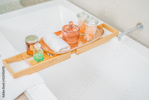 Modern bath tub spa setting with candles.