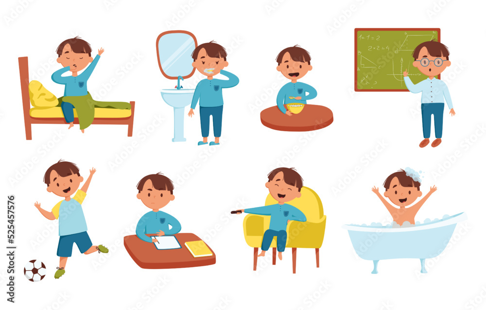Set of daily cute boy vector illustration. Daily routine. Schedule. Isolated on a white background Set of daily cute boy vector illustration. Daily routine. Schedule. Isolated on a white background