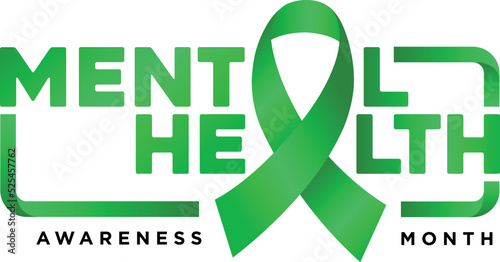 Mental Health Awareness Month text with green ribbon, border template, vector illustration