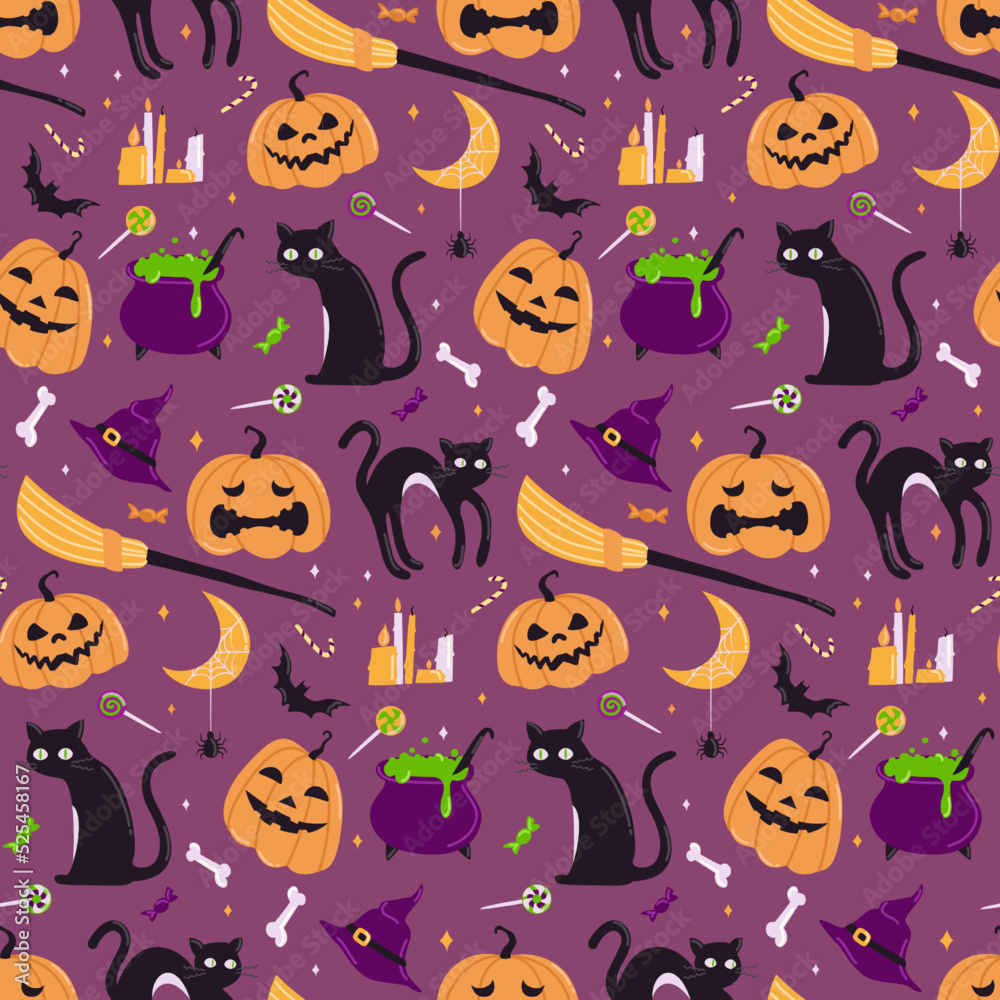 Cute Halloween vector seamless pattern. Pumpkins with different faces, black cat. Ideal for wrapping paper, fabrics, printing and postcards Cute Halloween vector seamless pattern. Pumpkins with different faces, black cat. Ideal for wrapping paper, fabrics, printing and postcards