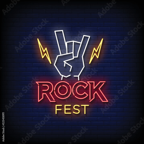 Neon Sign rock festival with Brick Wall Background