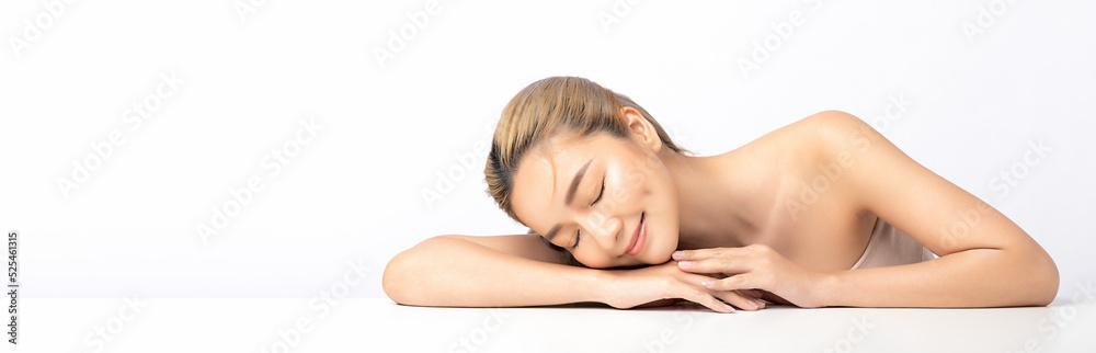 Happy beautiful young asian woman clean fresh bare skin concept. Asian girl beauty face skincare and health wellness, Facial treatment, Perfect skin, Natural make up. Isolated on white background. Happy beautiful young asian woman clean fresh bare skin concept. Asian girl beauty face skincare and health wellness, Facial treatment, Perfect skin, Natural make up. Isolated on white background.