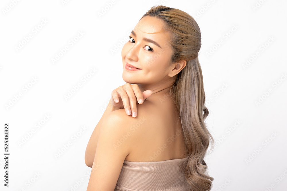 Naklejka premium Happy beautiful young asian woman clean fresh bare skin concept. Asian girl beauty face skincare and health wellness, Facial treatment, Perfect skin, Natural make up. Isolated on white background.