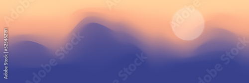 Mountain panoramic view, abstract stylization, sunset light and sun, vector illustration
