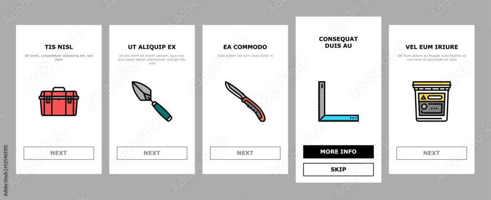 building tool hammer repair drill onboarding icons set vector