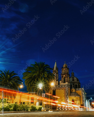 Night photo of the catholic church in Doctor Mora Guanajuato mexico