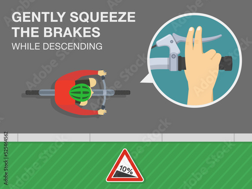 Safe bicycle riding rules and tips. Gently squeeze the brakes while descending. Top view of a cyclist on downhill road. Close-up view of a hand brakes. Flat vector illustration template.