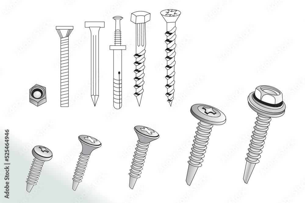 Screw nut set drawing, Nuts, Bolts Screws Collection, Isometric View